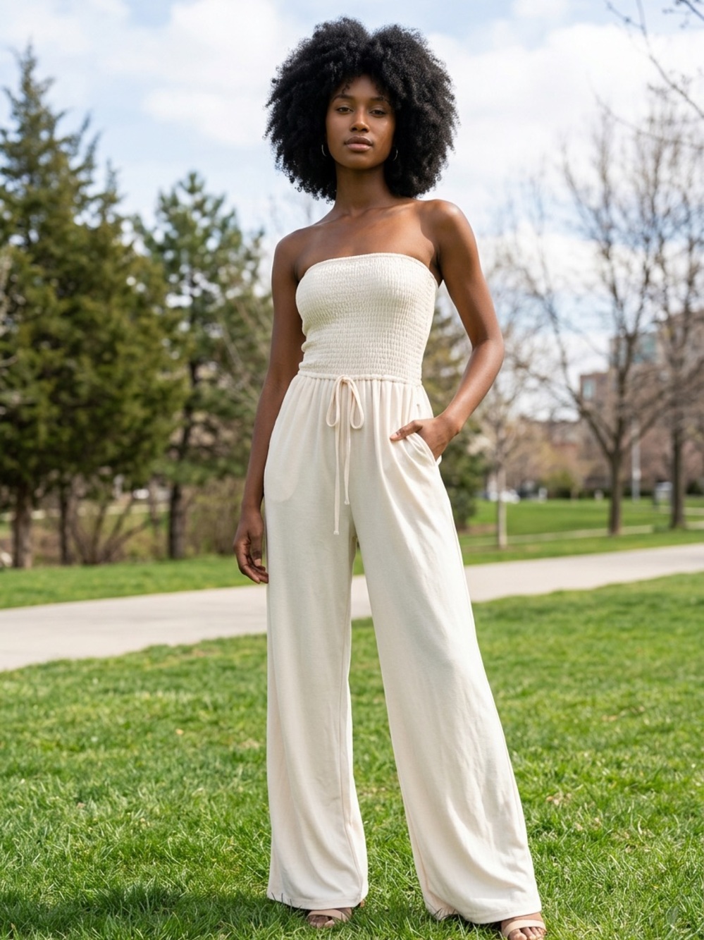 Zenana Outfitters Cream Strapless Wide-Leg Jumpsuit